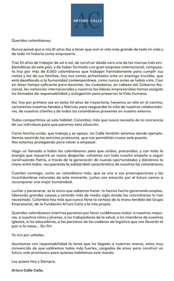 Arturo Calle cierra sus tiendas pero seguirá pagando a sus empleados 2 Comunicado de prensa cierre de tiendas arturo calle