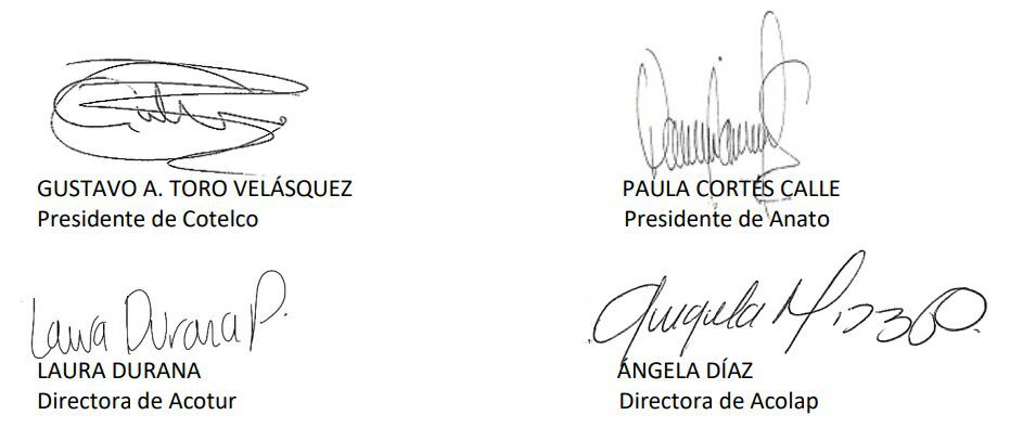 Gremios del sector turismo envían carta a la Presidencia de Colombia para la recuperación de la industria 3 Firmas empresarios gremio turismo