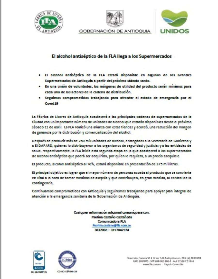 Fábrica de licores de Antioquia anuncia venta de alcohol antiséptico 3 Comunicado FLA