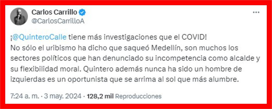 "Daniel Quintero tiene más investigaciones que el covid" Escándalo de corrupción involucra a Daniel Quintero en la UNGRD 2 Denuncia de Carrillo contra Quintero corrupto