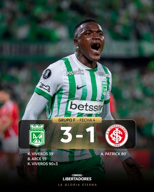 Atlético Nacional vence 3-1 a Internacional de Porto Alegre y se mete de lleno en la pelea por los octavos 2 Kevin Viveros la figura de la noche